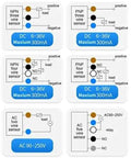 Wiring diagrams for DC and AC sensors with NPN, PNP, and five-wire configurations; part of Infrared Through Beam Sensor 12-24V Long Cable Photoelectric Switch For Garage Doors And Car Entry Low Power IR Sensor.