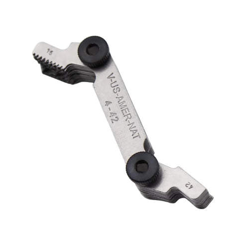 Front view: thread pitch gauge, metal with adjustable blades and black knobs; metric 0.25–5.5 mm, SAE 4–42