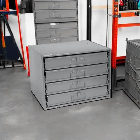 Durable Steel Compartment Box Rack With Four Adjustable Divider Boxes And Large Slide Shelf, installed in workshop