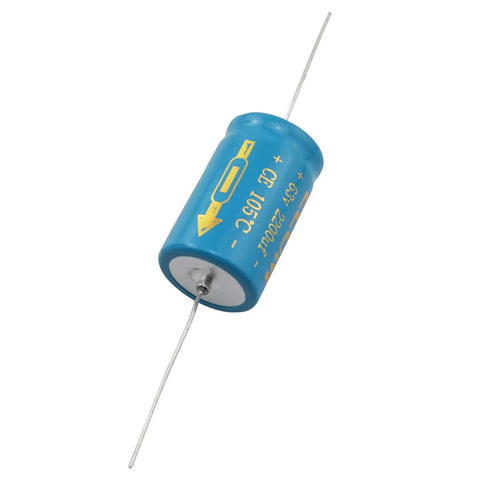 Two Pack 2200uf 63v 22X36Mm Through Hole Axial Electrolytic Capacitors showing a blue cylindrical capacitor with leads.