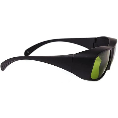 Legit Infrared Laser Safety Glasses Blocking 740Nm To 1100Nm ND YAG And Diode Beams side view with tinted lenses and black frames.