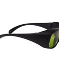 Top Shelf Laser Safety Glasses Lock Out Intense 755 808 And 1064 Nm NdYag Beams Via Thick Clear Lenses, black frame with green lenses.