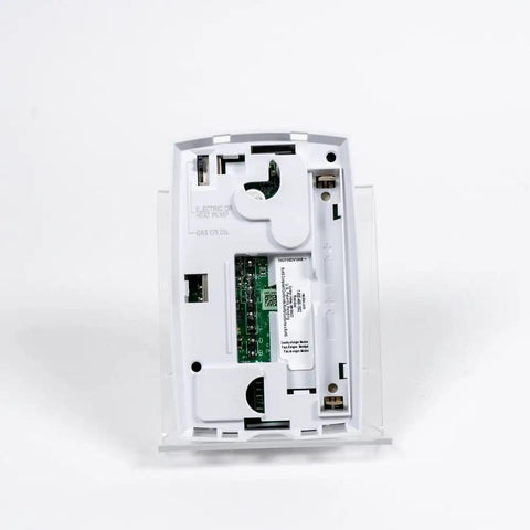 Rear view of Pro 2000 Vertical Programmable Thermostat with internal components and mounting bracket.
