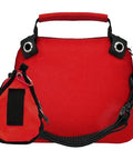 Red emergency first aid kit bag with black strap and attached mini pouch, front view.
