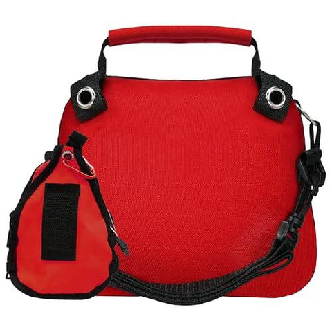 Red emergency first aid kit bag with black strap and attached mini pouch, front view.