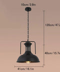Round Black Vintage Ceiling Lamp With E27 Pendant Chandelier, Wrought Iron Lampshade, size annotations, Industrial Vibe