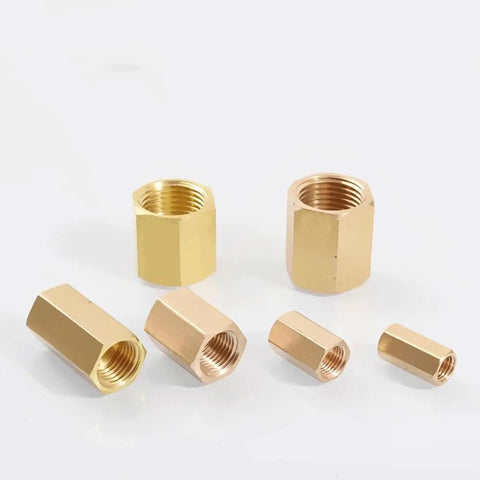One Shop Grade Metric Female Brass Hex Rod Coupler Pipe Fitting Connector For Hydraulic Lines And Plumbing Tubing showing multiple sizes.