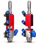 Pro Grade Precision Pneumatic Spray Valve With Micrometer Knob For Industrial Paint Glue Dispensing Heavy Duty Stainless Steel Housing G1/8 Thread 1 5mm Nozzle Compressed Air Atomizer, shown from two angles with blue connectors.
