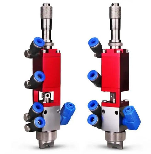 Pro Grade Precision Pneumatic Spray Valve With Micrometer Knob For Industrial Paint Glue Dispensing Heavy Duty Stainless Steel Housing G1/8 Thread 1 5mm Nozzle Compressed Air Atomizer, shown from two angles with blue connectors.