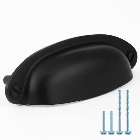 Ten Pack Vintage Farmhouse Style Matte Black Cup Pull Handles with Shell Ear Like Knobs for Cabinets Dressers Drawers and Bins, screws included