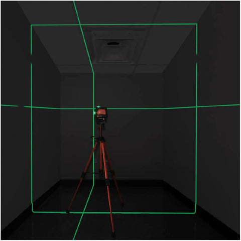 Lightweight Aluminum Tripod With Mount For Laser Levels And Tools Flexible And Stable On Uneven Terrain shown with green laser lines