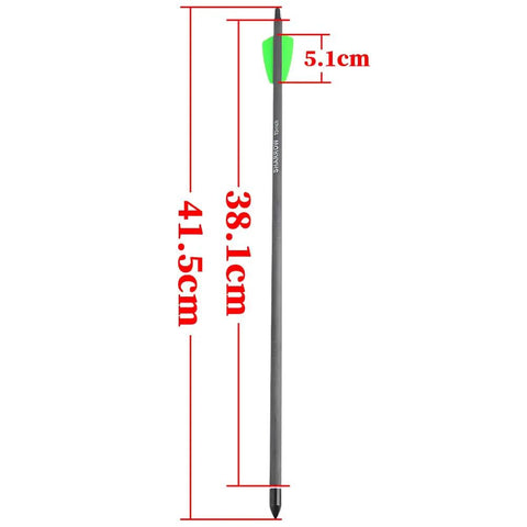 15 Inch Carbon Crossbow Bolt with 100 Grain Removable Tip and Moon Nock, shown with measurements, for hunting and target practice