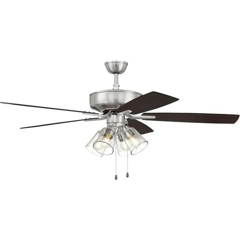 52 Inch Pro Plus Ceiling Fan With Four Light Kit, White Finish, Lit Clear Glass Lights, Reversible White And Washed Oak Blades, 3 Speed