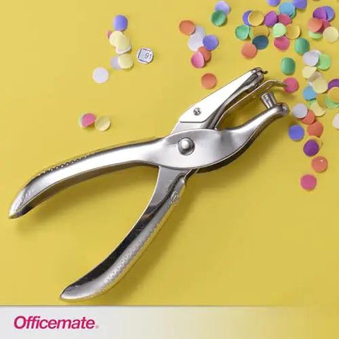 Two Pack One Hole Punch For Home Office, 5 Sheet Capacity Per Punch, 0.25 Inch Hole Size, Nickel Plated Silver Hand Tool on yellow surface