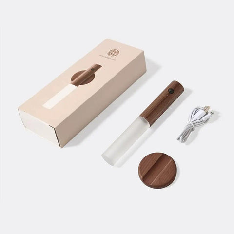 Smart Walnut Wood Motion Sensor Night Light Portable USB Rechargeable Magnetic Wall Lamp with packaging and USB cable