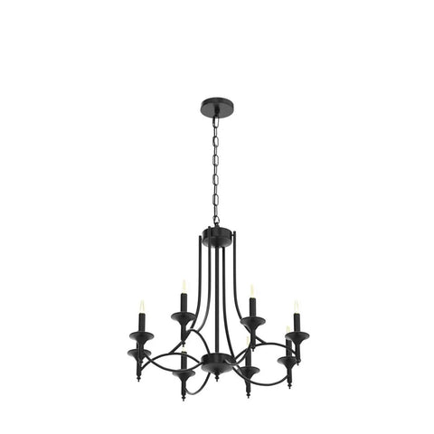 Industrial Candle Chandelier In Black Iron With Eight Lights, Dope Modern Farmhouse Hanging Pendant Light For Dining Room