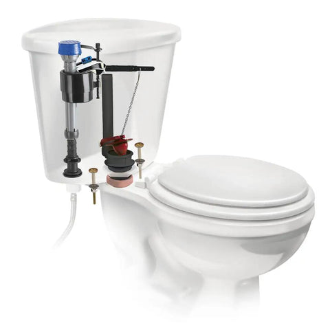 PerforMAX Universal Toilet Repair Kit For 2-Inch Flush Valves installed in cutaway toilet showing components and layout.