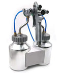 Heavy Duty Double Nozzle Pneumatic Spray Gun With Pressure Feed features dual stainless paint cups and 1.3mm nozzles for precise application.