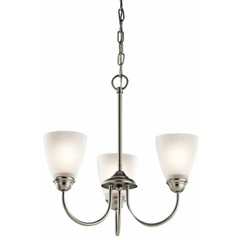 18 Inch 3 Light Mini Chandelier with Satin Etched Glass in Brushed Nickel perfect over a small kitchen table or dining nook