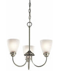 18 Inch 3 Light Mini Chandelier With Satin Etched Glass In Brushed Nickel Perfect Over A Small Kitchen Table Or Dining Nook For A Cozy Modern Glam Vibe At Home, hanging view.