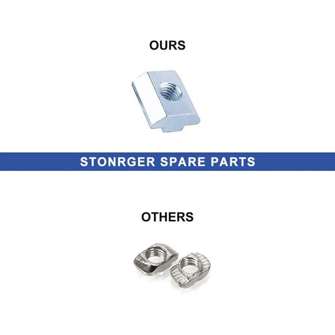 Comparison of our sturdier T-nuts and lower quality T-nuts with text 'Stonrger Spare Parts' in the center, showcasing product durability.