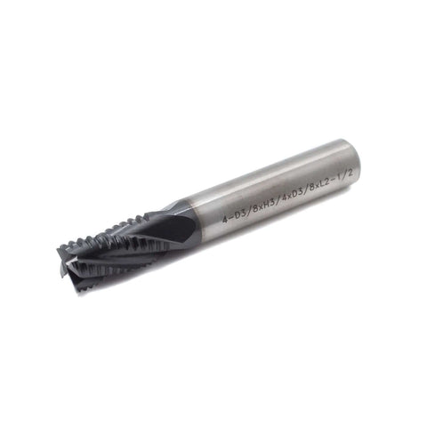 Roughing end mill, HSS square-nose, 4-flute, 3/8 in shank, 3/4 in flute length for milling metal/steel, 1 piece