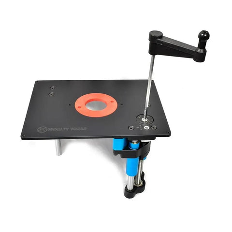 Smooth As A Dream Universal Base Mount Router Lift Featuring Hella Precise Above Table Bit Height Adjustment and Rock Solid Friction Lock with crank handle
