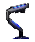 Fresh Desk Upgrade With This Lit T18 Monitor Mount Featuring Smooth Articulating Arm And Vibrant RGB Lighting For Ultimate Gaming Rig Vibe And Effortless Viewing Angles, side view of RGB monitor arm.