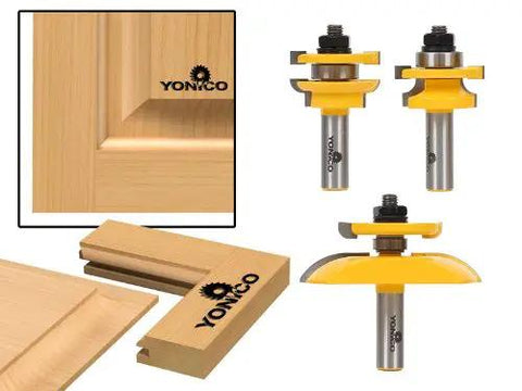 Raised Panel Cabinet Door Router Bit Set with Three Bits Round Over One Half Inch Shank for Rail and Stile Frames and Center Panels