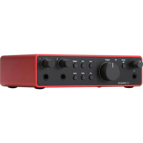 Scarlett 2i2 4th Gen audio interface with red casing and black dials, part of the Scarlett 2i2 4th Gen Audio Interface Bundle.