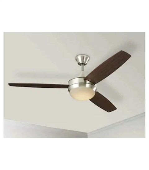 Brushed Nickel Ceiling Fan With Light And Remote, 52 Inch Diameter, Dimmable 18W LED Light At 3000K, Indoor Only, ceiling view