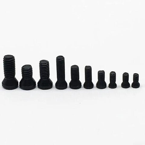 No Fuss Rock Solid Heavy Duty Carbide Insert Fixing Screw Set For CNC Lathe Tool Holders with various sizes shown.
