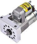 Plug And Play No Sweat Electric Starter For Chevy Small Block Big Block V6 Motors With 168 Tooth Flywheel Direct Fit Straight Bolt Layout 6 To 1 Ratio Natural Finish Bad Boy Workhorse Road Ready side view showing gear reduction and electrical components.