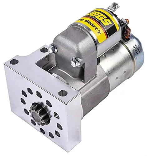 Plug And Play No Sweat Electric Starter For Chevy Small Block Big Block V6 Motors With 168 Tooth Flywheel Direct Fit Straight Bolt Layout 6 To 1 Ratio Natural Finish Bad Boy Workhorse Road Ready side view showing gear reduction and electrical components.