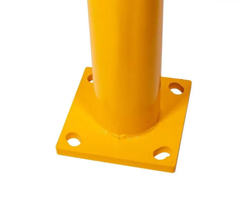 Close-up of yellow base of Two Pack Rugged Industrial Grade High Profile Steel Guard Rail Safety Barrier with bolt holes, floor-mounted