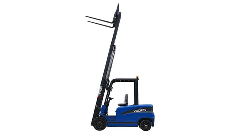 2025 Heavy Duty Electric Forklift 2.5 Ton Capacity showing smooth hydraulic controls and tall mast for lifting.
