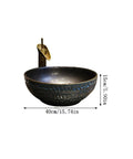 USZWBY Vessel Sinks Bathroom Vessel Sink Round Ceramic Washbasin Home Art Countertop Basin Utensil with Faucet Bathroom Bowl Sink, black textured ceramic sink with gold faucet, 40cm wide.