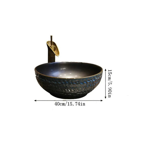 USZWBY Vessel Sinks Bathroom Vessel Sink Round Ceramic Washbasin Home Art Countertop Basin Utensil with Faucet Bathroom Bowl Sink, black textured ceramic sink with gold faucet, 40cm wide.
