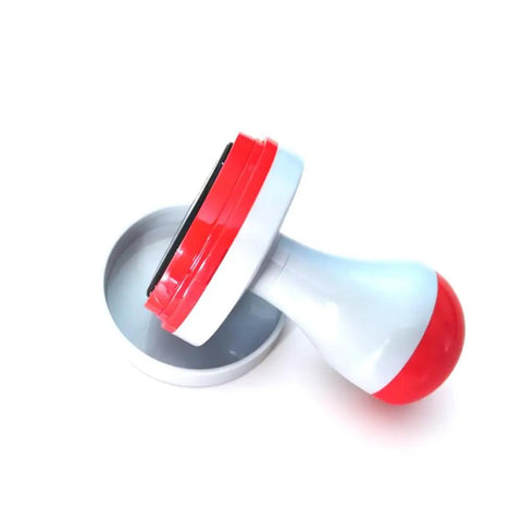 Zero Fuss Self Inking Craft Stamp Showing A Vintage Blank Clock Dial Design For Scrapbooking And Journal Projects That Amps Up Your Creative Flow With Super Clean Prints Every Time, top view with red and white design.