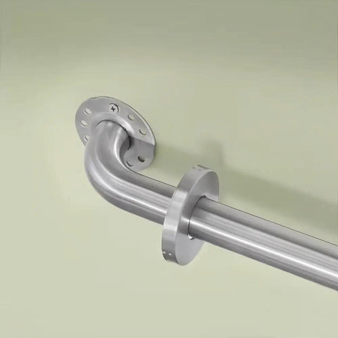 Heavy Duty Stainless Steel Bathroom Safety Grab Bar With A Tight No Slip Grip For Shower Or Tub Ada Compliant Beefy Handrail Support For Seniors Fly Brushed Finish Eighteen Inch Rig close-up of mounting bracket on wall