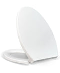 Premium Elongated Toilet Seat 18.5 Inch White with Silent Soft Close Hinge shown at an angle for effortless bathroom cleanup.