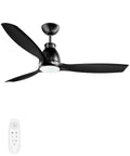 52 Inch Ceiling Fan With Lights And Remote, Black Finish, 3 Blades, Dimmable LED With Three Color Options, Six Speeds, Reversible Quiet DC