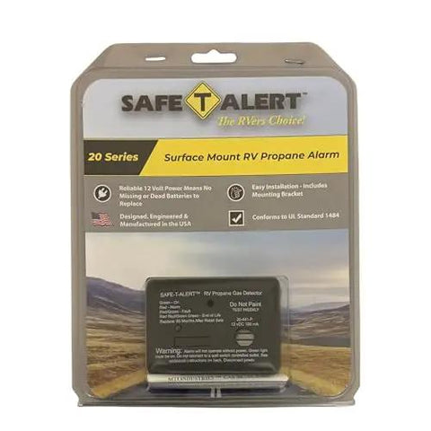 Compact Propane Gas Alarm For Rvs With Surface Mount, 20 Series Mini LP Gas Detector packaging for travel trailers and campers.