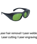 Top Shelf 800 To 1100Nm Laser Safety Goggles Built Damn Tough For Diode And Nd Yag Jobs, heavy-duty black frame with green lenses.