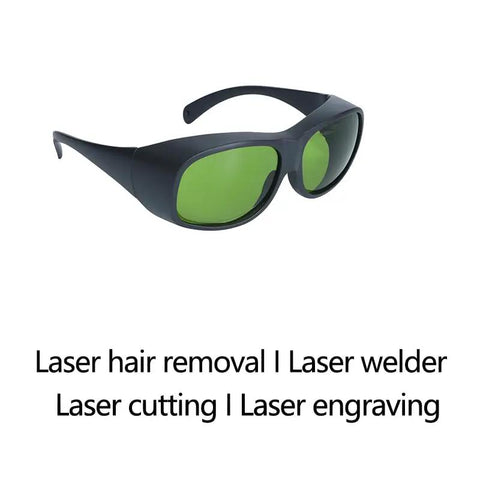 Top Shelf 800 To 1100Nm Laser Safety Goggles Built Damn Tough For Diode And Nd Yag Jobs, heavy-duty black frame with green lenses.