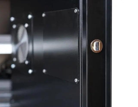 Close-up of Built Like A Tank Dual Door Lithium Ion Battery Charging Cabinet showing the locking mechanism and exhaust vent detail.
