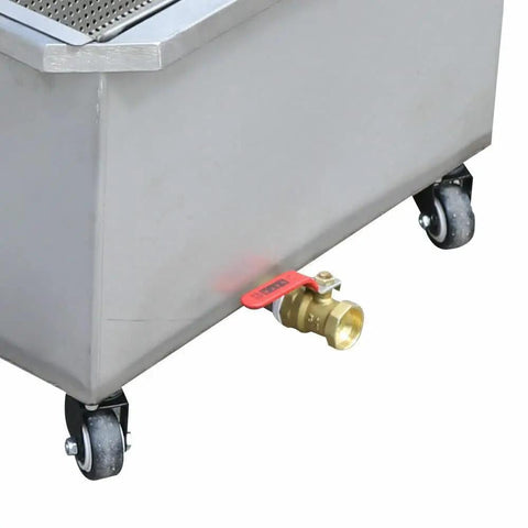 Mobile Fryer Oil Filter System Built Dead Serious With 304 Stainless Steel And Smooth Electric Filtration Machine On Rolling Cart, showing brass valve and casters.