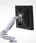 Heavy Duty Single Monitor Arm Stand With Integrated Keyboard Tray Sleek Silver Finish For 15 To 32 Inch Displays Holds Up To Fifty Five Pounds Smooth Air Pressure Lift side view of monitor arm with adjustable support.