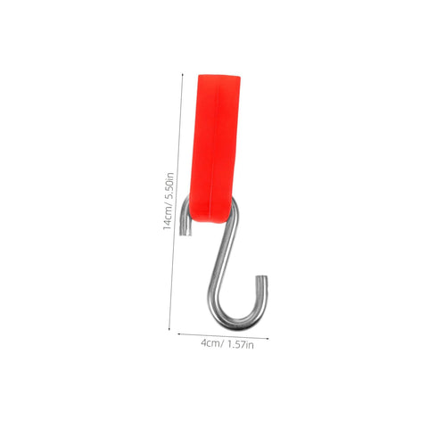 Front view of Parliky pool float hanger hook with orange grip and metal S-hook; 14 cm tall, 4 cm wide