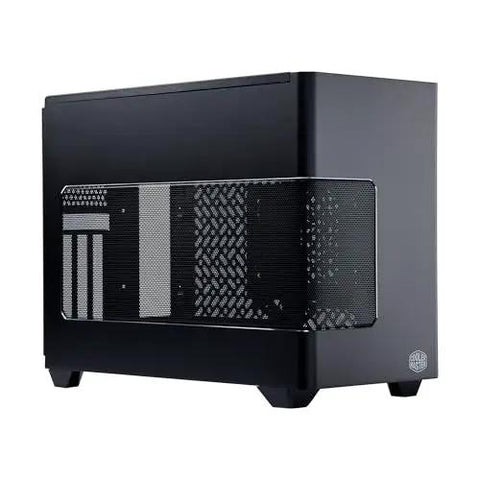Side view of NR200P V3 Mini ITX Case Dope Compact Build with mesh side panel, top mount 280mm radiator, vertical GPU mount details